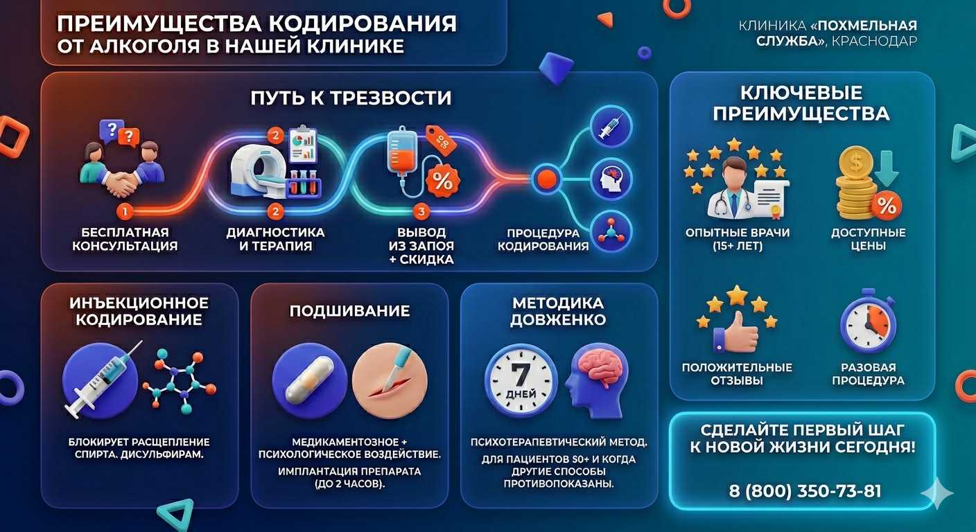 Инфографика о методах кодирования от алкоголя в Каслях: инъекции, подшивание, метод Довженко. Преимущества клиники и этапы лечения.